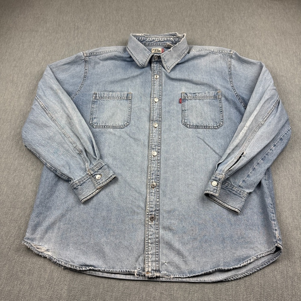 Vintage Levis Shirt Men 2XL XXL Blue Denim Metal Button Up Cotton Western Rodeo